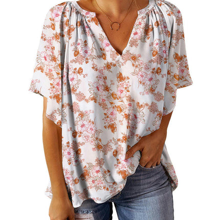 Women Floral Print V Neck Short Sleeve Casual Tunic Tops Shirts