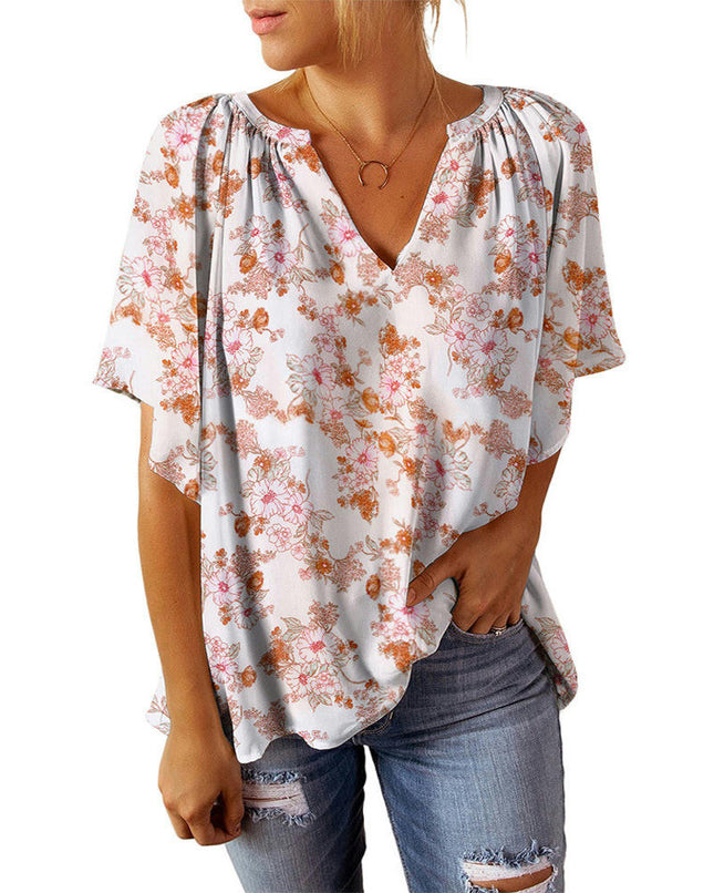 Women Floral Print V Neck Short Sleeve Casual Tunic Tops Shirts