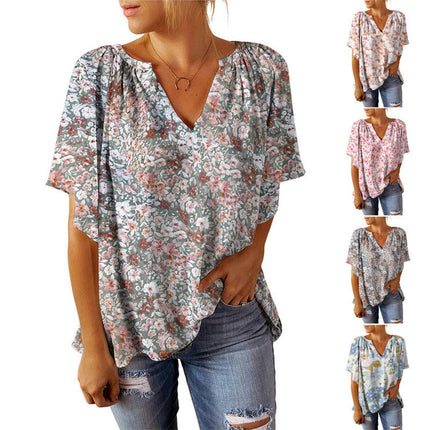 Women Floral Print V Neck Short Sleeve Casual Tunic Tops Shirts