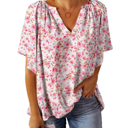 Women Floral Print V Neck Short Sleeve Casual Tunic Tops Shirts