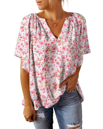 Women Floral Print V Neck Short Sleeve Casual Tunic Tops Shirts