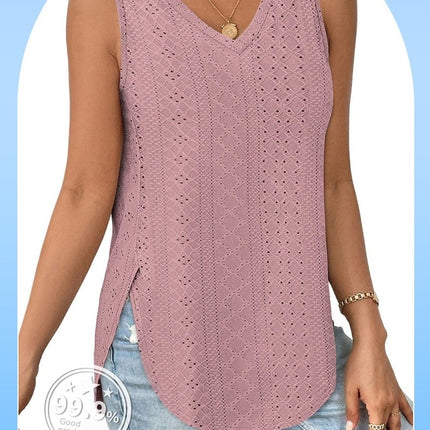 Women's Tank Tops Eyelet Embroidery Summer Sleeveless Tops V Neck Casual Shirts