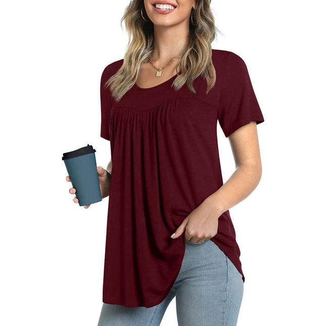 Women's Summer Short Sleeve Tunic Tops Pleated Crew Neck Shirts Casual Loose T-Shirts