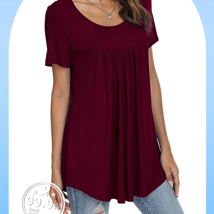 Women's Summer Short Sleeve Tunic Tops Pleated Crew Neck Shirts Casual Loose T-Shirts