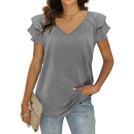 Women's Tops Ruffle Short Sleeve V Neck T Shirts Casual Loose Tunic Top