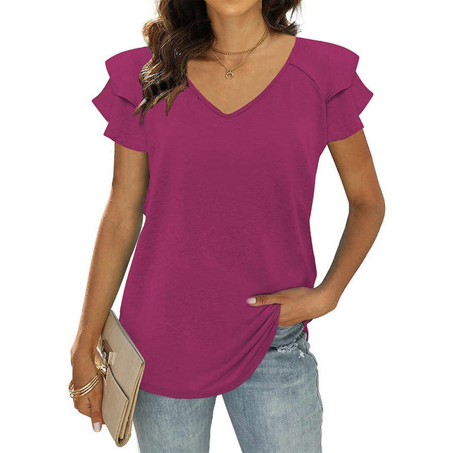 Women's Tops Ruffle Short Sleeve V Neck T Shirts Casual Loose Tunic Top