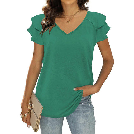 Women's Tops Ruffle Short Sleeve V Neck T Shirts Casual Loose Tunic Top