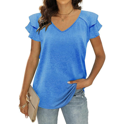 Women's Tops Ruffle Short Sleeve V Neck T Shirts Casual Loose Tunic Top