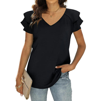 Women's Tops Ruffle Short Sleeve V Neck T Shirts Casual Loose Tunic Top