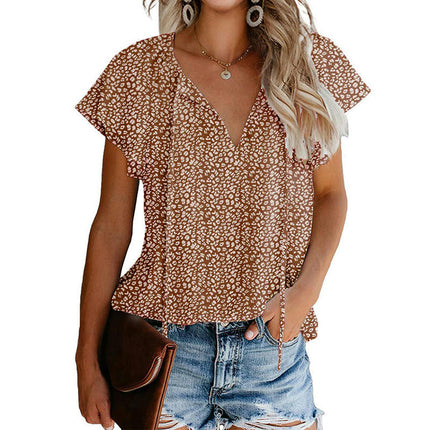 Women's Casual Printed V Neck Tops Drawstring Short Sleeve T Shirt Blouses