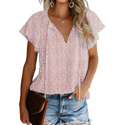 Women's Casual Printed V Neck Tops Drawstring Short Sleeve T Shirt Blouses