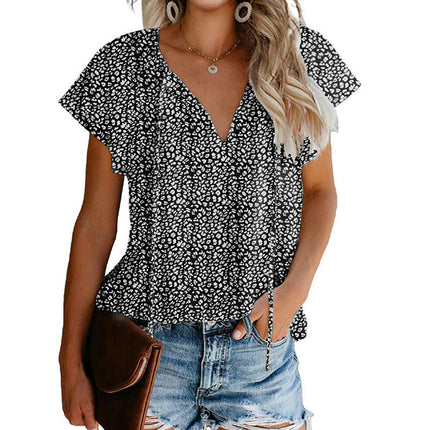 Women's Casual Printed V Neck Tops Drawstring Short Sleeve T Shirt Blouses