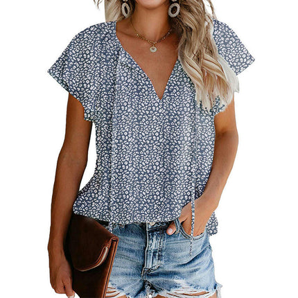 Women's Casual Printed V Neck Tops Drawstring Short Sleeve T Shirt Blouses