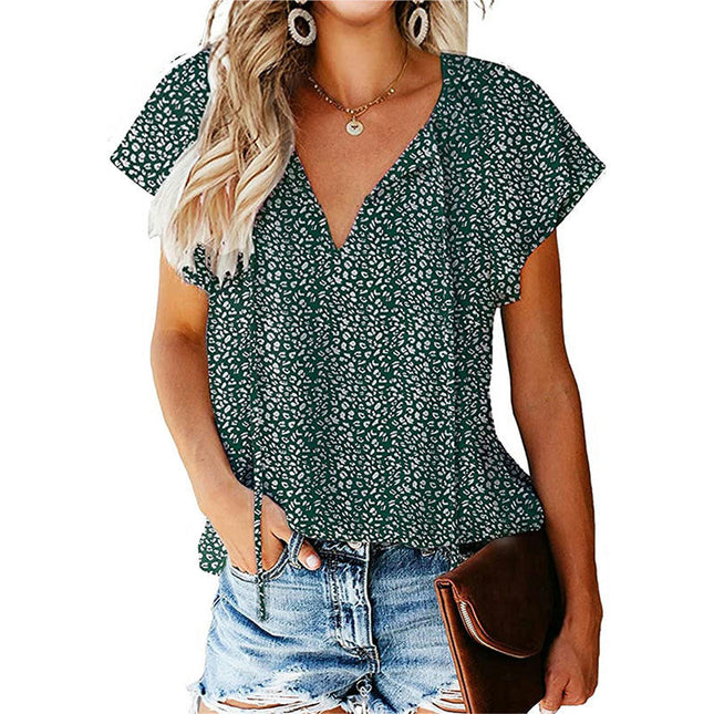 Women's Casual Printed V Neck Tops Drawstring Short Sleeve T Shirt Blouses