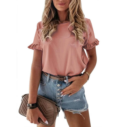 Women's Casual Tops Summer Round Neck Ruffle Short Sleeve Loose T Shirts Blouse