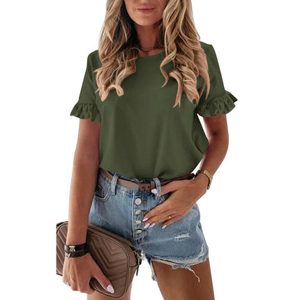 Women's Casual Tops Summer Round Neck Ruffle Short Sleeve Loose T Shirts Blouse