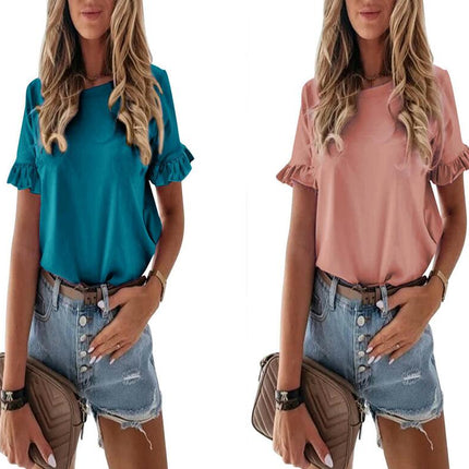 Women's Casual Tops Summer Round Neck Ruffle Short Sleeve Loose T Shirts Blouse