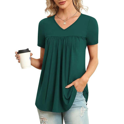 Women's Summer Casual Short Sleeve T-Shirts V Neck Pleated Flowy Tunic Tops