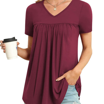 Women's Summer Casual Short Sleeve T-Shirts V Neck Pleated Flowy Tunic Tops