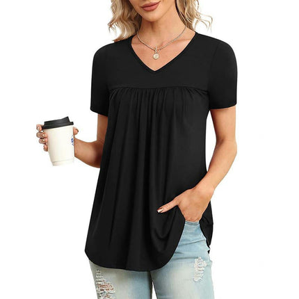 Women's Summer Casual Short Sleeve T-Shirts V Neck Pleated Flowy Tunic Tops