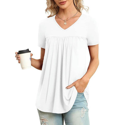 Women's Summer Casual Short Sleeve T-Shirts V Neck Pleated Flowy Tunic Tops