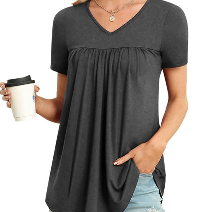 Women's Summer Casual Short Sleeve T-Shirts V Neck Pleated Flowy Tunic Tops