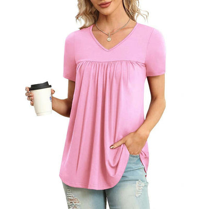 Women's Summer Casual Short Sleeve T-Shirts V Neck Pleated Flowy Tunic Tops