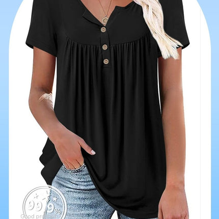 Women's Summer Tunic Tops Short Sleeve Casual Tshirt Pleated Loose Blouses