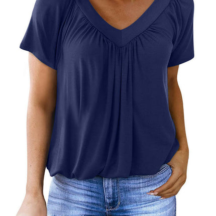 Women's Summer Tunic Tops Short Sleeve V Neck Tshirt Pleated Loose Blouses