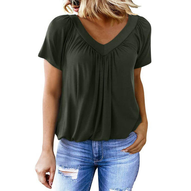 Women's Summer Tunic Tops Short Sleeve V Neck Tshirt Pleated Loose Blouses