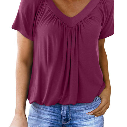 Women's Summer Tunic Tops Short Sleeve V Neck Tshirt Pleated Loose Blouses