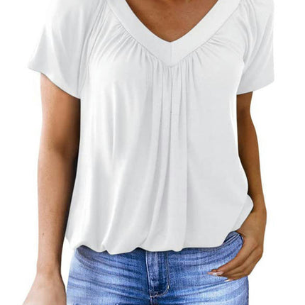 Women's Summer Tunic Tops Short Sleeve V Neck Tshirt Pleated Loose Blouses