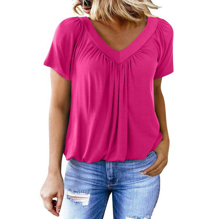 Women's Summer Tunic Tops Short Sleeve V Neck Tshirt Pleated Loose Blouses