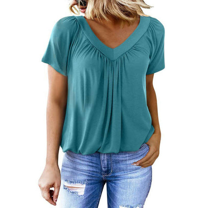 Women's Summer Tunic Tops Short Sleeve V Neck Tshirt Pleated Loose Blouses