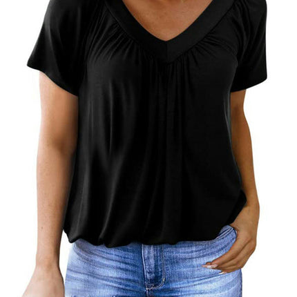 Women's Summer Tunic Tops Short Sleeve V Neck Tshirt Pleated Loose Blouses