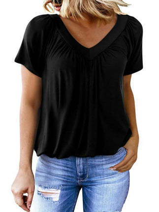 Women's Summer Tunic Tops Short Sleeve V Neck Tshirt Pleated Loose Blouses