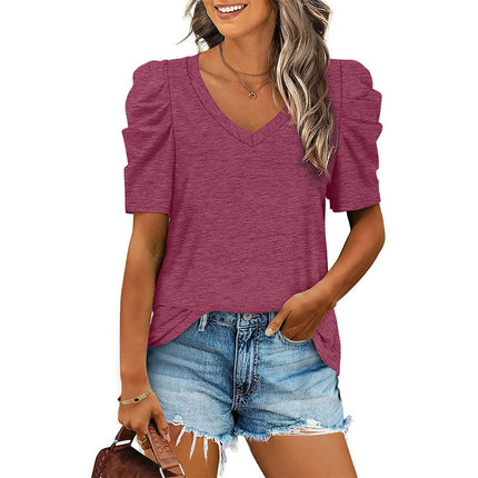 Women's Tops Casual Summer V Neck Puff Short Sleeve T Shirts Tunic Tops Loose Blouses