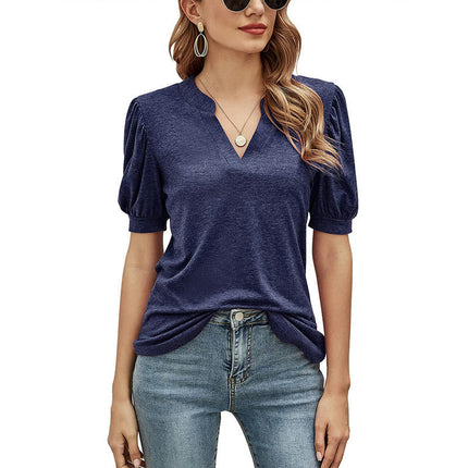 Women's V Neck Summer Puff Short Sleeve Tshirts Casual Tunic Tops