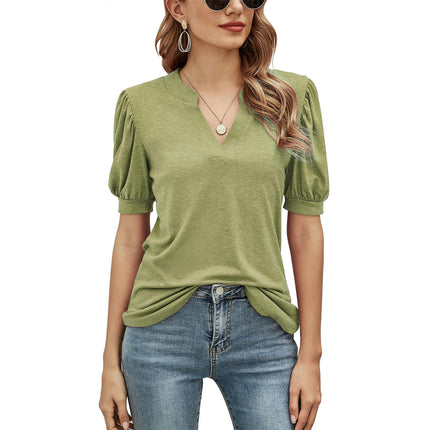 Women's V Neck Summer Puff Short Sleeve Tshirts Casual Tunic Tops