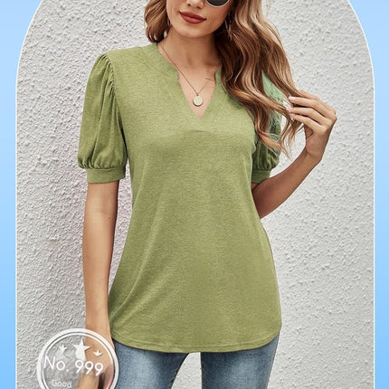 Women's V Neck Summer Puff Short Sleeve Tshirts Casual Tunic Tops