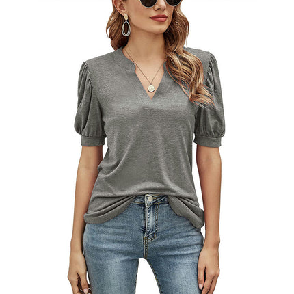 Women's V Neck Summer Puff Short Sleeve Tshirts Casual Tunic Tops