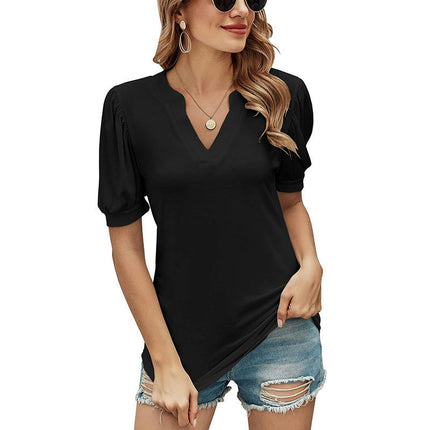 Women's V Neck Summer Puff Short Sleeve Tshirts Casual Tunic Tops