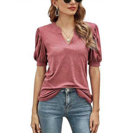 Women's V Neck Summer Puff Short Sleeve Tshirts Casual Tunic Tops