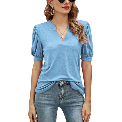 Women's V Neck Summer Puff Short Sleeve Tshirts Casual Tunic Tops