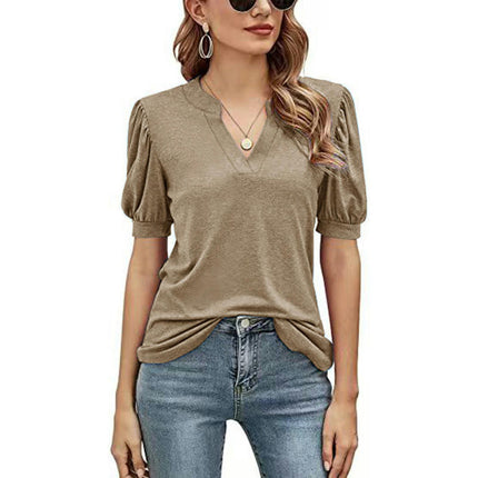 Women's V Neck Summer Puff Short Sleeve Tshirts Casual Tunic Tops