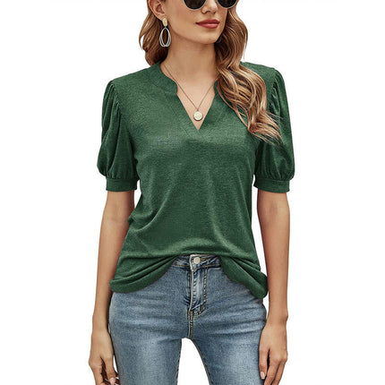 Women's V Neck Summer Puff Short Sleeve Tshirts Casual Tunic Tops