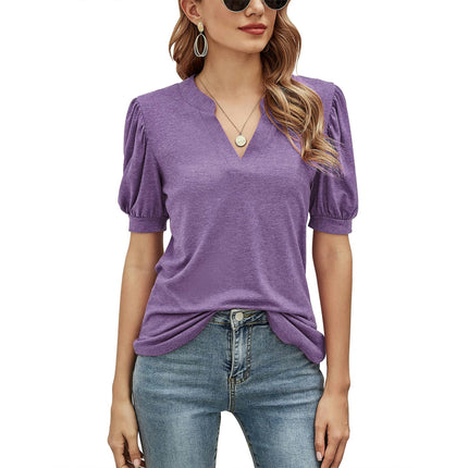 Women's V Neck Summer Puff Short Sleeve Tshirts Casual Tunic Tops