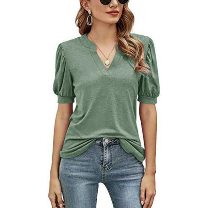 Women's V Neck Summer Puff Short Sleeve Tshirts Casual Tunic Tops