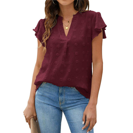 Women's Tops Summer V Neck Tunic Ruffle Short Sleeve T Shirts Loose Casual Blouses