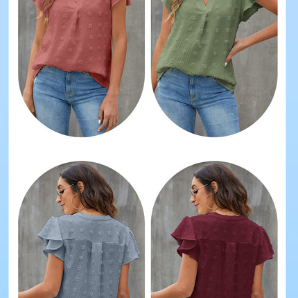 Women's Tops Summer V Neck Tunic Ruffle Short Sleeve T Shirts Loose Casual Blouses